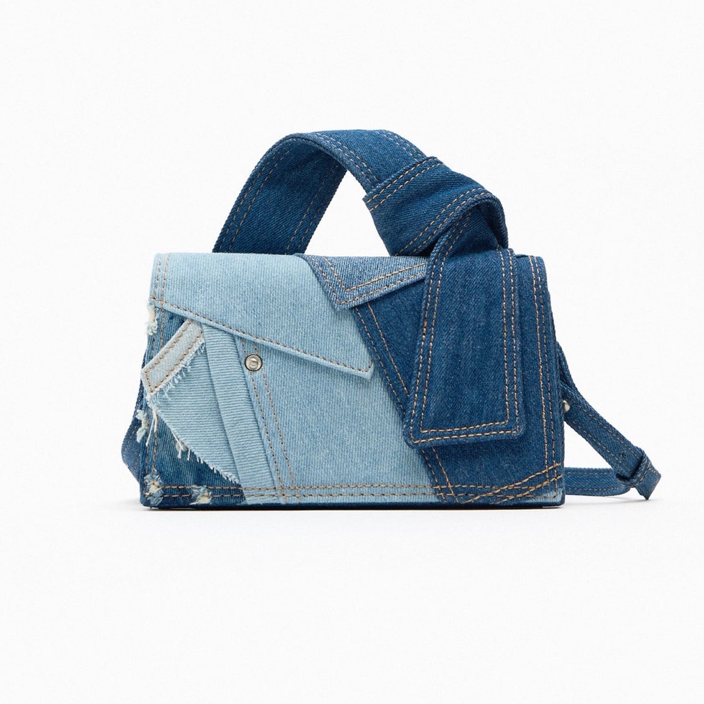 Zara Patchwork Denim Mini City Bag Denim Blue Nwt